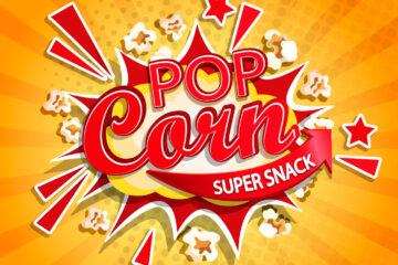 Exploding label for popcorn on sunburst background. Cartoon super snack and not healhty fast food. Perfect for your design for street trade. Vector illustration.